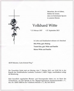 Volkhard Witte, Traueranzeige