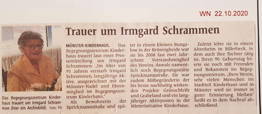 Nachruf der Westfälischen Nachrichten vom 22. Oktober 2020 auf Irmgard Schrammen, Ehrenmitglied und fast zwanzig Jahre lang im Vorstand des Begegnungszentrums Kinderhaus